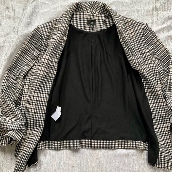 Ann Taylor Factory Plaid Open Front Blazer Ruched 3/4 Sleeve Black Tan M Career - Picture 8 of 11